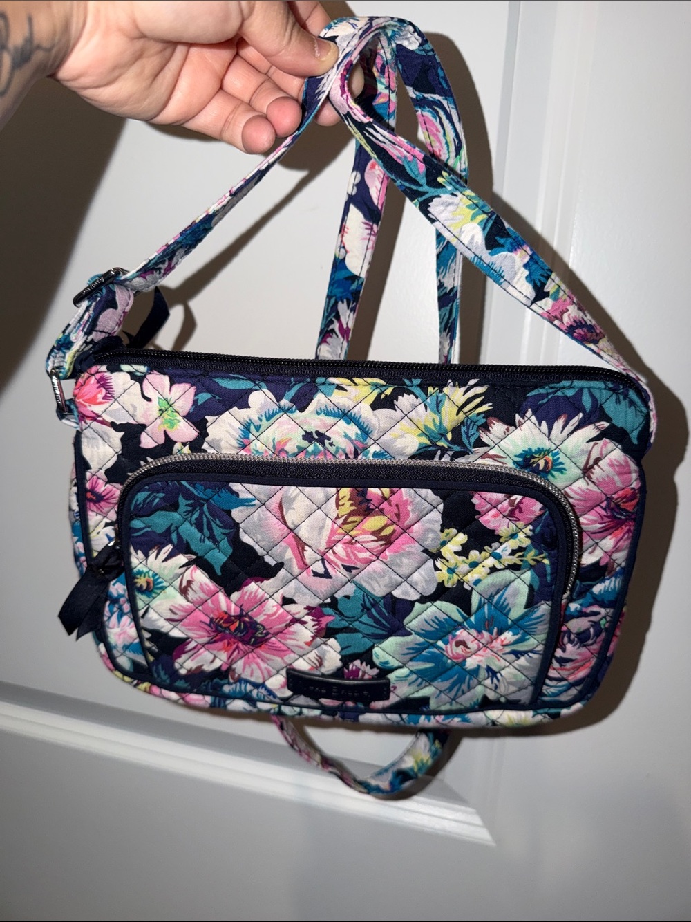 Vera Bradley Navy Floral Quilted Crossbody with Pink & Teal Flowers